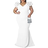 Women's Plus Size Maxi Dress Elegant V-Neck Ruffle Sleeves Bodycon Mermaid Dresses Evening Gown