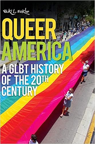 The cover of Queer America. There is an image of a pride parade that has a long rainbow flag being carried down a street. 