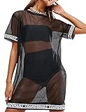 WuLun Women's Sexy Short Sleeve Patchwork See Through Gauze Mesh T-Shirt Dress (Large, Black)
