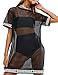 WuLun Women's Sexy Short Sleeve Patchwork See Through Gauze Mesh T-Shirt Dress (Large, Black)