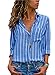 HOTAPEI Womens Casual V Neck Striped Button Down Collar Chiffon Work Blouses Long Sleeve Office Tunic Tops Shirts Blue and White Small