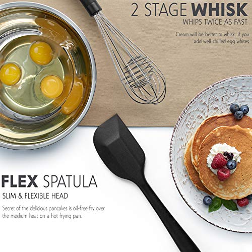 Premium Kitchen Utensils - 21-Piece Cooking Set - Stainless Steel & Silicone - Ladle, Spatulas, Spoons, Server, Brush, Measuring Cups, Whisk, Strainer, Tongs - Heat Resistant for Non-Stick Cookware