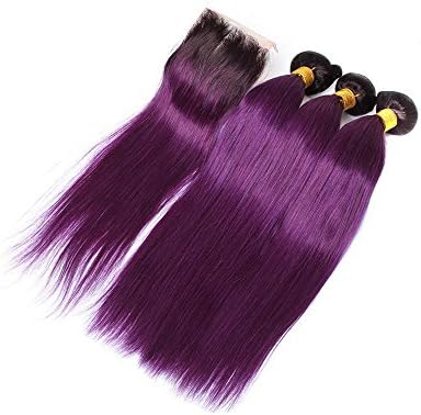 Mila 3 Bundles Ombre 1B/Purple Brazilian 8A Hair Weave with 1pc Lace Closure Silky Straight 100% Human Hair Extensions (16"16"16"+12"closure)