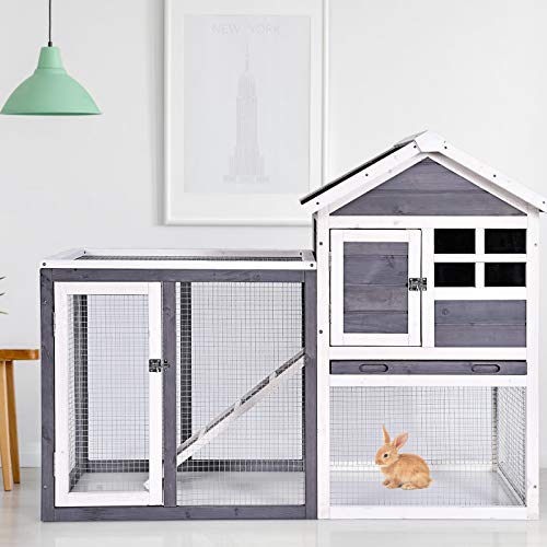 Tangkula Rabbit Hutch, Indoor Outdoor Bunny Cage with Run, Wooden