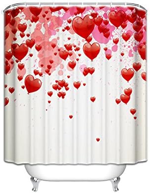YHC Valentines Day Shower Curtain Set, I LOVE YOU HAPPY VALENTINE's DAY Heart Shaped Balloons Polyester Fabric Shower Curtain 66"x72"