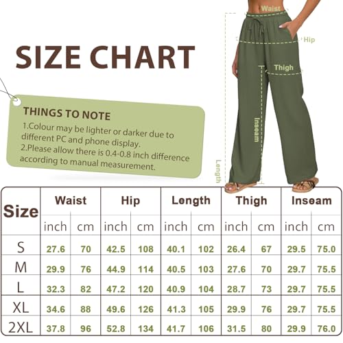 AISEW Women's Cotton Linen Palazzo Pants Drawstring Elastic Waist Casual Wide Leg Long Lounge Trousers with Pockets