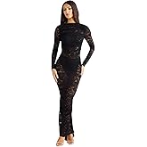 ZGMYC Women's Sexy Backless See Through Lace Maxi Dress Elegant Ruched Long Sleeve Bodycon Dress Cocktail Party Dress