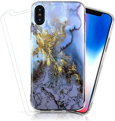 Stone Marbled Pattern Case, SkylerShield Apple iPhone 10 iPhone X Soft Gel Case, Gold/Blue Marble Pattern TPU Full Protection Bumper Includes 2pk of Tempered Glass Bundle Case for Apple iPhone X