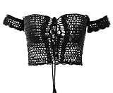 Creabygirls Womens Cute Off The Shoulder Crochet Lace Up Crop Top (Black, L)