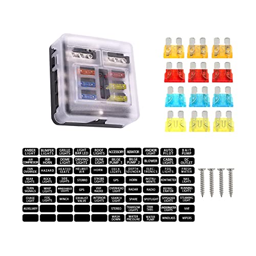 6 Way 12V Fuse Block, Waterproof Boat Fuse Panel With LED Indicator, Negative Bus Fuse Box With