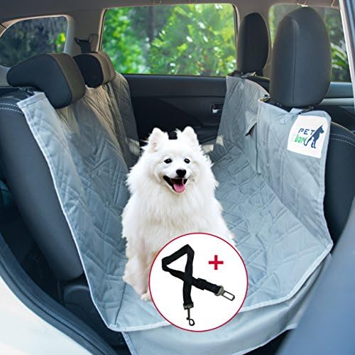 Pet Car Back Seat Cover, 100% Waterproof, Fits Cars, Trucks & SUVs ~ 600D Quilted Oxford Polyester w/Zip Close, Seat Anchors & Storage Pocket, 55" W x 57" L, grey, w/ Bonus Dog Seat Belt by EFDOR
