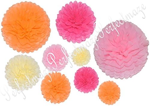 Perfectmaze Pink & Orange Burst Pom Pom Set Mix 3 Sizes 8" 10" 15" for Wedding, Birthdays, Celebrations