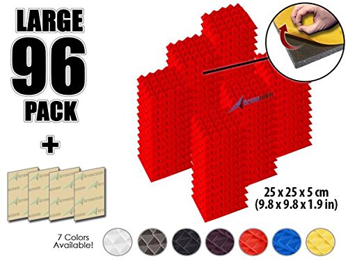 Arrowzoom New 96 Pack of 9.8" X 9.8" X 1.9" Inches Soundproofing Insulation Pyramid Self Adhesive Acoustic Foam Wall Padding Studio Foam Tiles AZ1053 (RED)