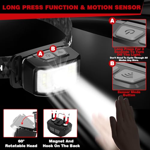 Aaizplz 2 x LED Headlamp, Rechargeable Headlamp, Waterproof, 2000 Lumens, 16 Lighting Modes (Individual Control), with Smart Sensor, for Running, Hiking