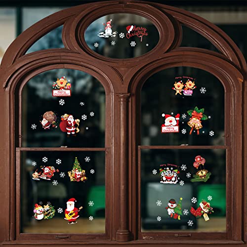 Sazfli 50 PCS Christmas Window Cling 4 Sheet Self-Adhesive Stickers for Glass Wall Cabinet Refrigerator, Xmas Holiday Decals Decorations Snowflake Santa Claus Decals for Party