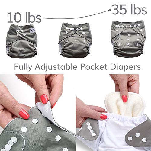 Unisex Baby Cloth Pocket Diapers - Sage and Sea - 7 Pack, 7 Bamboo Inserts, 1 Wet Bag by Nora's Nursery