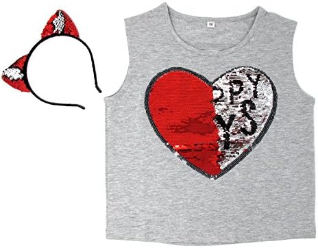 Flip Sequin Girl's Cotton T-Shirt with Flip Sequin Cat Ears Headband 3-8 Years (6-7, Grey+Headband)