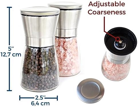 Sporthomer Elegant Salt and Pepper Grinder Set with Matching Stand - (2pcs) - Stunning Glass Body with Adjustable Ceramic Grinder - Brushed Stainless Steel Salt and Peppercorn Mills Shakers