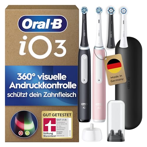 Oral-B iO Series 3 Elektrische Zahnbürste — Doppelpack — Electric Toothbrush, Inkl. 4 Aufsteckbürsten — 3 Putzmodi für Zahnpflege, Designed by Braun, GUT GETESTET von STIFTUNG WARENTEST — Schwarz/Rosa