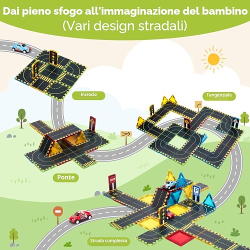 hahaland Set Costruzione Magnetiche 3-5 anni, Tessere Magnetiche Costruzione Bambino 38 pezzi, Blocchi Magnetici Strada Città con 2 Macchinine, Regalo Bimbo 3 4 5 6 anni