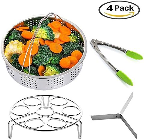 Steamer Basket Set for Instant Pot Accessories,NUOKEXIN Pressure Cooker Accessories with Egg Steamer Trivet, Dividers and Silicone Kitchen Tongs, Stainless Steel 4 Packs(Fits 5,6,8 qt Pressure Cooker)