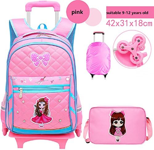2pcs Rolling Backpack for Girls Lyfreen Waterproof Kids School Backpack Super Cute School Bag with 6 Wheels Pink Shoulder Bags with Rain Cover