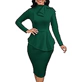 WanMem Women Formal Bodycon Peplum Cocktail Dress Short Sleeve Bow Ruffle Pencil Party Midi Dresses