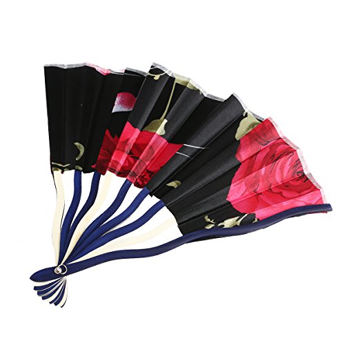 FENICAL Chinese Bamboo Folding Hand Fan Rose Flower Silk Fan for Party Favor