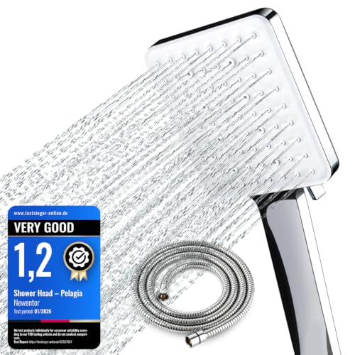 Newentor Shower Head and Hose[TESTSIEGER], High Pressure Shower Head with 6 Modes, Universal Water Saving Large Showerhead with 1.5M Hose, Silver