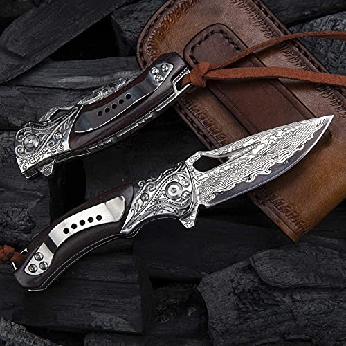 Outdoor Folding Pocket Knives with Sheath,Handmade Japanese VG10