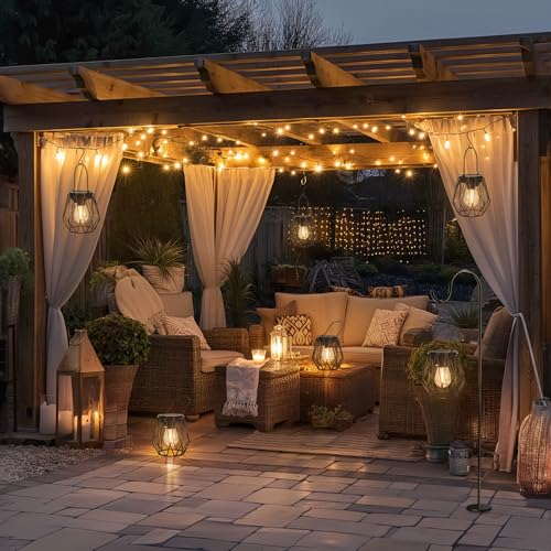 Ketom Pack of 2 Solar Lights for Outdoor Hanging Solar Lantern for Outdoor Standing Metal IP65 Waterproof Solar Pendant Lamp Outdoor Vintage with LED Bulb and Hook, Diamond, Black, for Outdoor Lawn