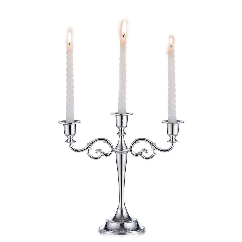 Sziqiqi Silver metal candle holder 3-arms candle stand 27cm tall wedding event candelabra candle stick, Silver