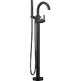 Delta Faucet Trinsic Floor Mount Tub Filler - Freestanding Roman Tub Spout with Handheld Shower - Flexible Shower Hose - Doub