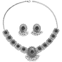 Aheli Silver Plated Synthetic Stone Choker Necklace & Drop Earrings Set - Ethnic Jewelry Gift For Women, 21.8 Cm Necklace