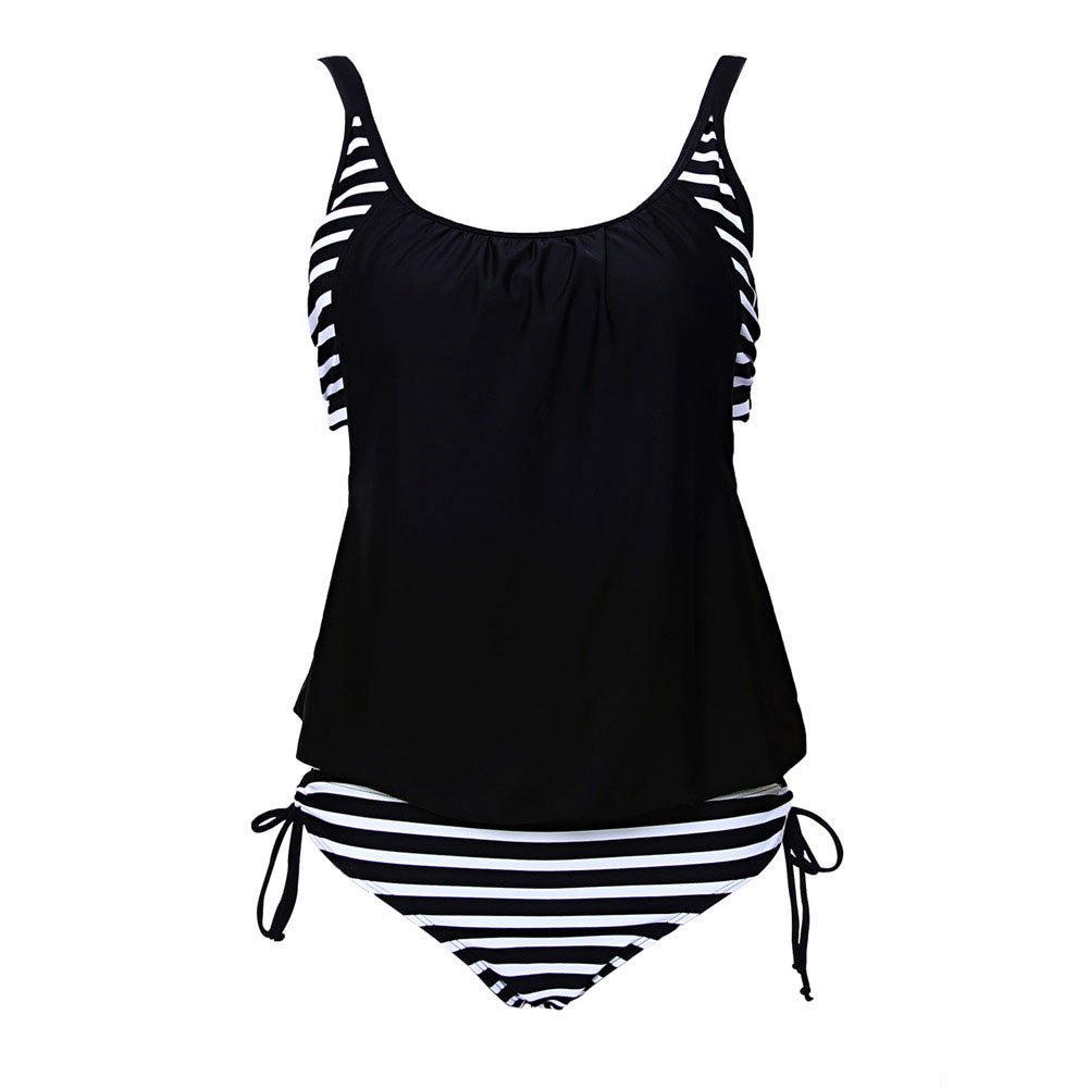 Qiaoer Womens 2 Piece Black Cover up Stripes Tankini Top Bikini Bottom Swimsuit (XXL, Black - White Stripe)