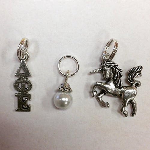 Sorority Greek Delta Phi Epsilon Essential Trio of Charms - DPE Lavaliere, Unicorn Mascot, White Glass Pearl Dangle