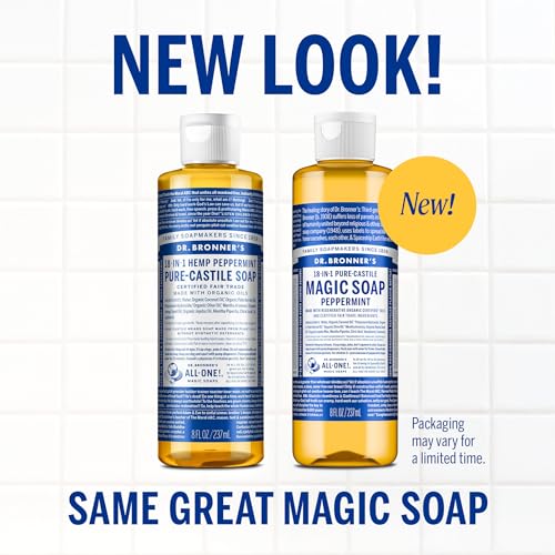 Dr. Bronner's Pure-Castile Magic Liquid Soap (Peppermint, 8 Ounce)- Made with Organic Oils, 18-in1 Uses: Face, Hair, Hand & Body Soap, Laundry, Pets- Concentrated, Vegan, Non-GMO