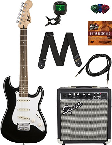 Squier by Fender Short Scale Stratocaster Pack with Frontman 10G Amp, Cable, Strap, Picks, and Online Lessons - Black Bundle with Austin Bazaar Instructional DVD