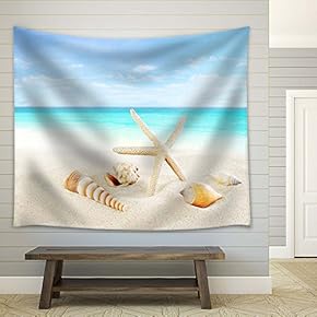 Starfish and Seashells on Tropical Beach - Fabric Tapestry, Home Decor - 51x60 inches