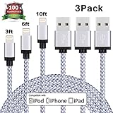 Eashion 3Pack 3FT 6FT 10FT Nylon Braided iPhone Charging Cord 8-Pin Lightning to USB Cable Charger Compatible with iPhone 7/ 7 Plus/6/6s/6 plus/6s plus, iPhone 5/5s/5c,iPad, iPod and More(White)