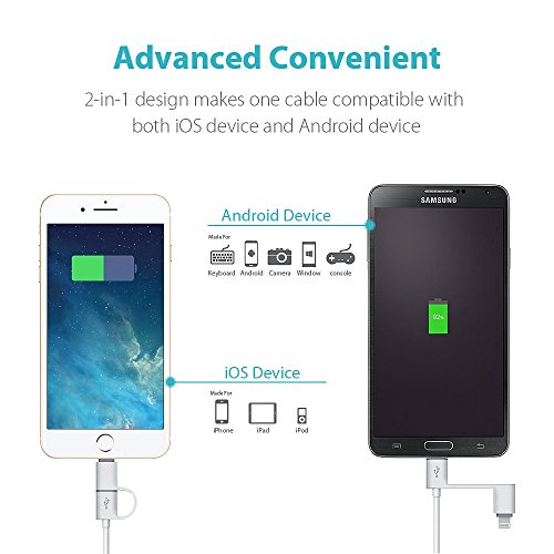 ROMOSS 2-in-1 iPhone and Android Charging Cable, Durable USB Data Sync and Charging Cable Cord for iPhone 8/8 Plus/X/7/7 Plus/SE/6/6 Plus/6S/6S Plus/5/5C/5S,iPad, Samsung and Android (3.3 FT, Grey)