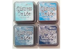 Tim Holtz Ranger Distress Oxide Ink Bundle - Four 3" x 3" Pads (R - Rivers : Tumbled Glass, Stormy Sky, Salty Ocean, and Chip