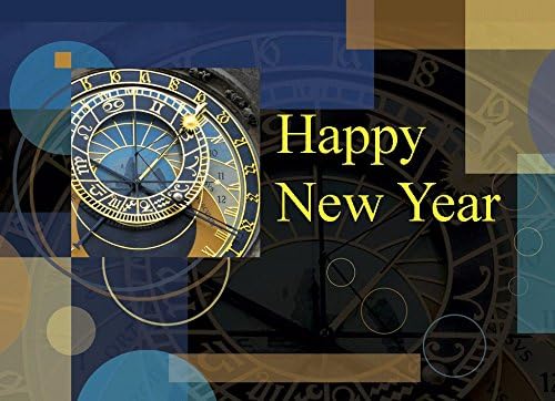 New Year Greeting Cards - Clock Tower - CT100. Business Greeting Card with an Image of a Clock and Saying of Happy New Year. Box Set has 25 Greeting Cards and 26 Sun Yellow Colored Envelopes.