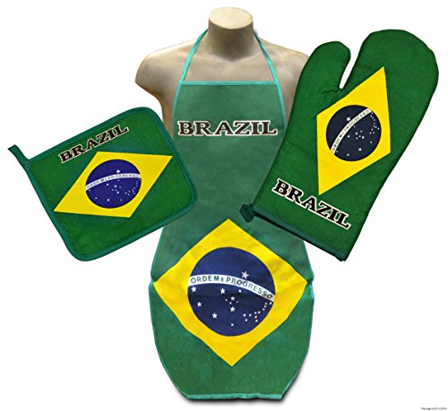 Brazil Flag Kitchen & BBQ SetNew w/ Apron, Oven-mitt & Pot-holder Brazilian