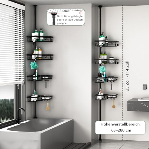Cooeco Shower Caddy Corner - Telescopique Bathroom Shelf from 25 to 114 Inches, Rustproof Shower Caddy with 4 Baskets, No Drilling