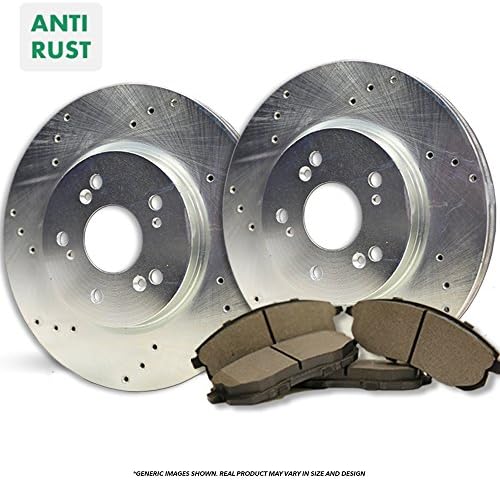 Front Kit^^2 Coated Cross Drilled Disc Brake Rotors + 4 Semi-Metallic Pads^^5lug