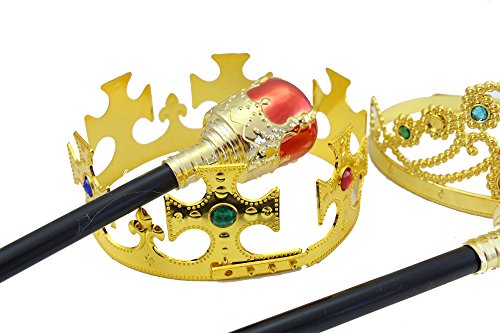 WellPackBox 4 Pack 2 Crowns And 2 Sceptors King Queen Party Costume Plastic Crown Gold, King Royal Kids Adults Birthday Party Hats Dress Up Costumes Props & Sticker - Thumbnail 3