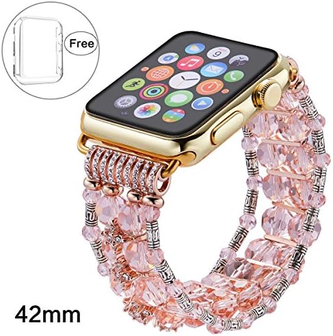 Pintaik for Apple Watch Band 38mm 42mm, 2018 New Fashion Crystal Beaded Elastic Bracelet Women Girl Bands and Case for Iwatch Series 3/2/1 Luxury Bling Watch Strap and Case Gift Idea