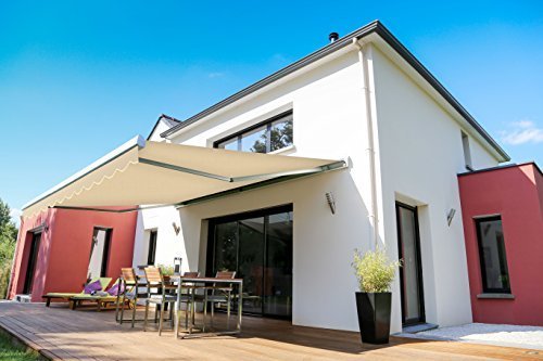 A modern, mechanically retractable awning