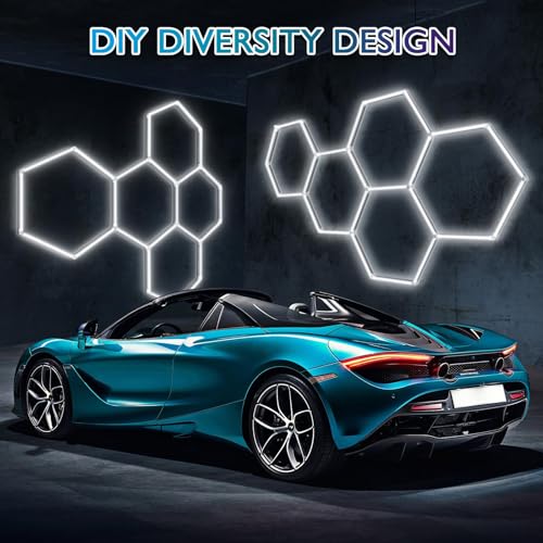 Hexagon LED Garage Lights:192W 5 Grids DIY led Honeycomb Ceiling Light,6500K Ultra Bright,2.4x1.7m,Easy Install, Durable Design for Garages,Car Detailing,Workshops,Exhibition Hall,Gym,Shopping malls